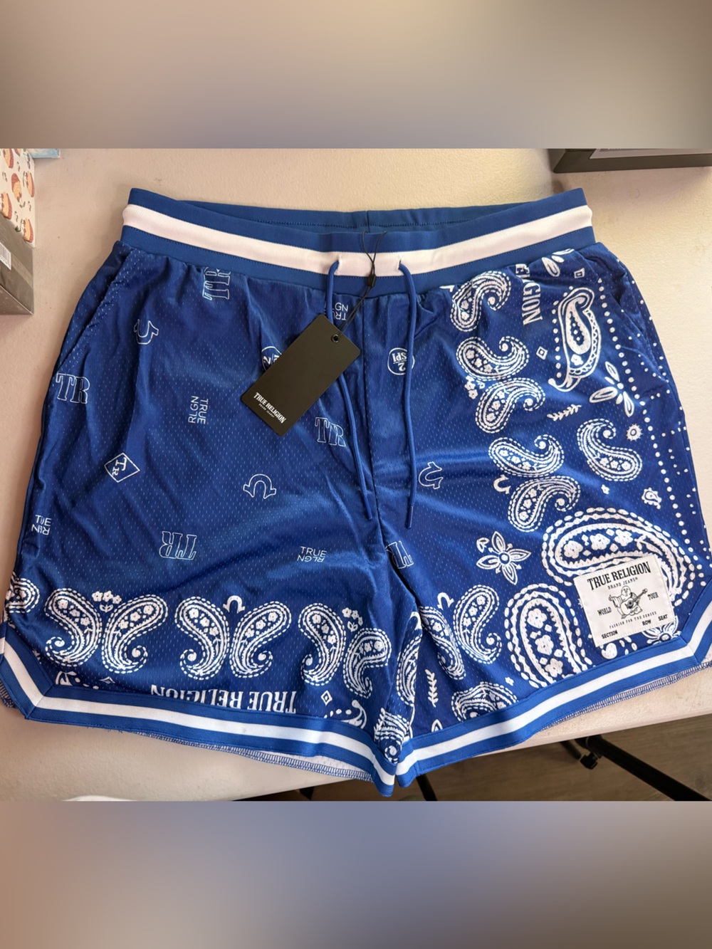 True Religion Blue Paisley-Print Athletic Shorts with White Trim